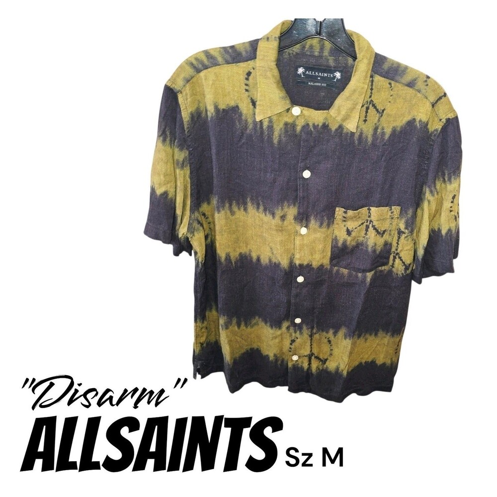 AllSaints Disarm MD Green Black Peace Sign Tie Dye Relaxed Fit Linen Blend Shirt